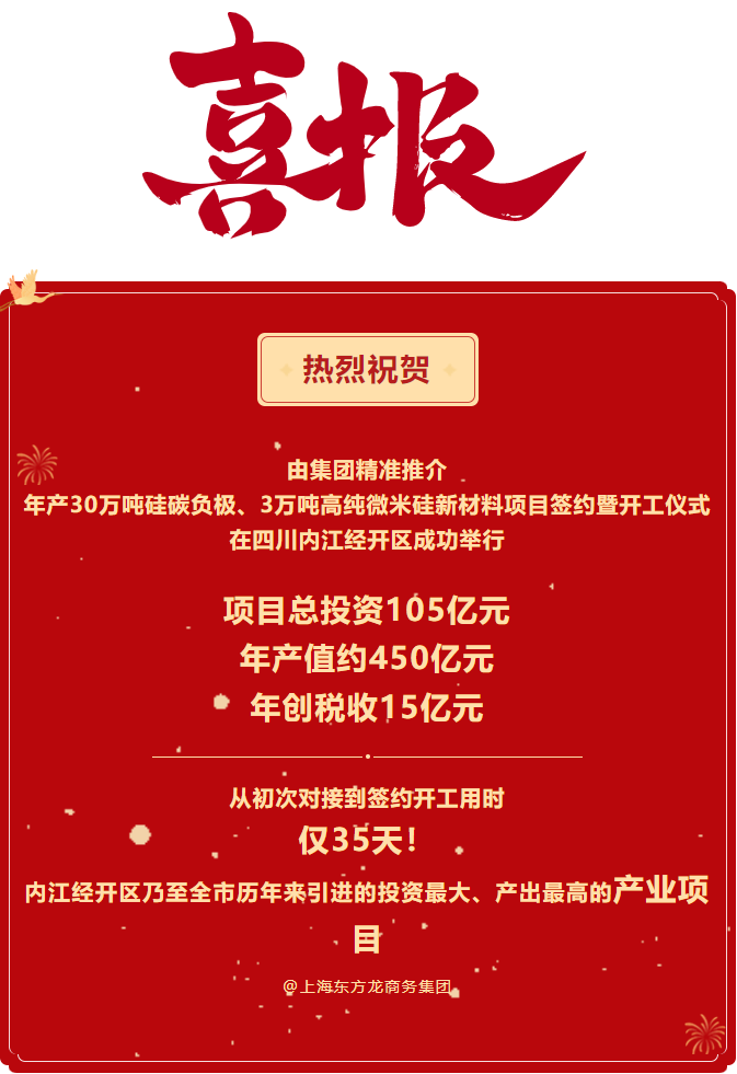 熱烈祝賀  由集團精準推介  年產30萬噸硅碳負極、3萬噸高純微米硅新材料項目簽約暨開工儀式在四川內江經開區(qū)成功舉行    項目總投資105億元  年產值約450億元  年創(chuàng)稅收15億元     從初次對接到簽約開工用時 僅35天！ 內江經開區(qū)乃至全市歷年來引進的投資最大、產出最高的產業(yè)項目 @上海東方龍商務集團
